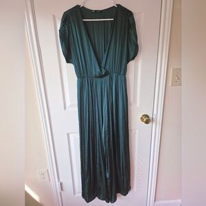 Zara‎ Satin Jumpsuit M High Slits Flowy Duck Green